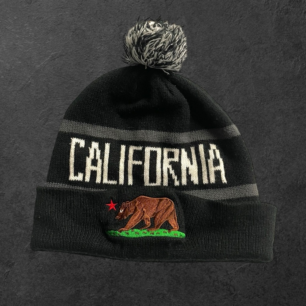 California Republic Striped Embroidered Pom Cuffed Beanie